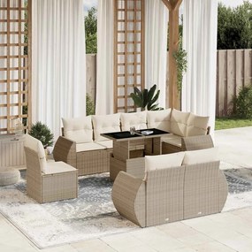 vidaXL 9 pcs conjunto de sofás p/ jardim com almofadões vime PE bege