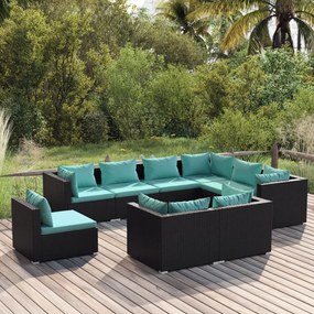 vidaXL 9 pcs conjunto lounge de jardim c/ almofadões vime PE preto