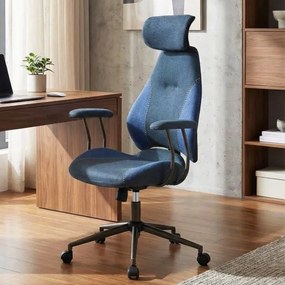 Cadeira de escritório ergonómica com encosto basculante, apoio de cabeça 2D e tecido de linho azul