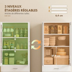 Armário de cozinha 60x35x180 cm, 4 portas, das quais 2 em vidro, gavetas, prateleiras ajustáveis, branco
