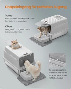 Caixa de areia para gatos em aço inoxidável com tampa e acessórios 60 x 40 x 38 cm cinzento claro