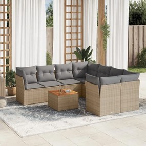 9 pcs conj. sofás jardim c/ almofadões vime PE bege misturado