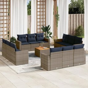 vidaXL 13 pcs conjunto sofás p/ jardim c/ almofadões vime PE cinzento