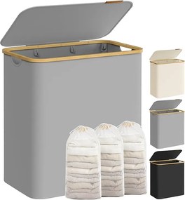 Cesto de roupa suja SONGMICS com tampa, cesto grande para roupa suja de 3 seções, 150 L, forro de malha removível, tecido Oxford, alças de bambu, dobrável, 60 x 38,5 x 70,5 cm, cinza-pomba LCB515G01V1