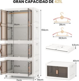 Caixas de arrumação dobráveis 421 L  71 x 46 x 156 cm com tampa de plástico portátil com 10 ganchos 2 Rodas Branco + Castanho