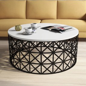 Mesa de Centro Selin Metal Ferforje – Branco/Preto – 90x90x38 cm