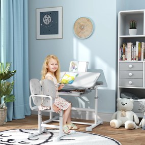 Secretária infantil com cadeira regulável em altura, tampo inclinado a 45°, gaveta e suporte para livros, cinzenta