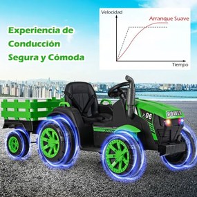 Trator elétrico para crianças 24V com faróis LED RGB Música Porta USB Reboque removível e controle remoto Verde