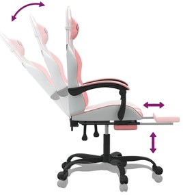 Cadeira gaming com apoio p/ pés couro artificial branco e rosa