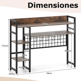 Estante para meter sobre mesa com 4 níveis e compartimento aberto na parte traseira e 6 ganchos 94 x 25 x 73,5 cm castanho