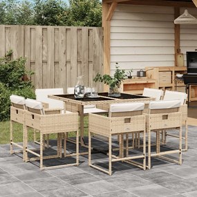 vidaXL 9 pcs conjunto de jantar p/ jardim com almofadões vime PE bege