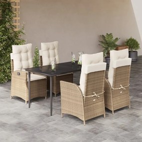 vidaXL 5 pcs conjunto de jantar p/ jardim com almofadões vime PE bege