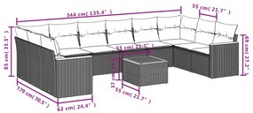 11 pcs conjunto sofás de jardim c/ almofadões vime PE bege