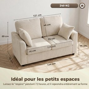 Sofá de 2 lugares pequeno 144 L x 76 P x 89 A cm em veludo canelado, sofá de sala de 144 cm com assento largo estofado, 2 almofadas, bege