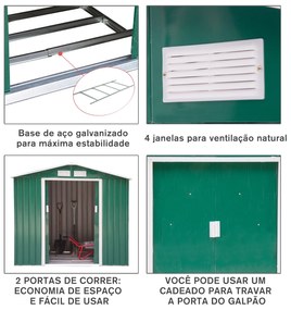 Abrigo de jardim Exterior de Aço com porta deslizante grande espaço de armazenamento 213x127x185 cm Verde