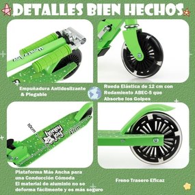 Trotinete dobrável para crianças com 2 rodas intermitentes, guiador ajustável e sistema de travagem traseiro Verde