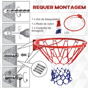 Cesto de Basquetebol de Parede Ø46 cm Aro de Basquetebol com Rede Estrutura Metálica 12 Ganchos para Interior e Exterior Vermelho