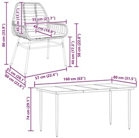 Conjunto jantar jardim 7 peças almofadas vidro vime PE castanho
