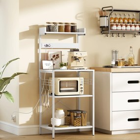 Armário de Cozinha com 2 Tomadas Prateleira para Micro-ondas Prateleira Ajustável Ganchos 60x42x137 cm Branco