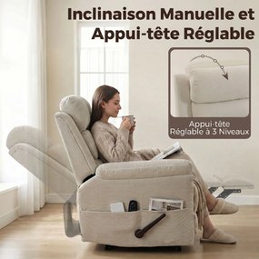 Poltrona reclinável com massagem e aquecimento, cadeira de relaxamento em tecido chenille (100 % poliéster), encosto de cabeça ajustável, bolsos later