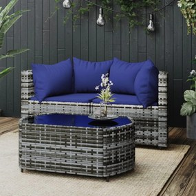 vidaXL 3 pcs conjunto lounge de jardim c/ almofadões vime PE cinzento