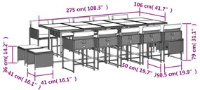 15 pcs conjunto de jantar p/jardim com almofadões vime PE preto