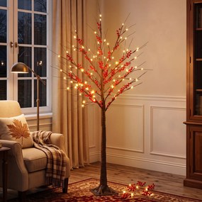 Árvore de Bétula Artificial 150 cm com Bagas Vermelhas 96 LED Temporizador e 12 Ramos Flexíveis