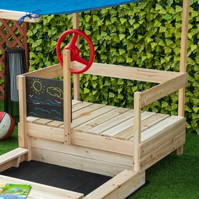 Caixa de Areia Infantil de Madeira Desenho de Barco a Vela Toldo Quadro Negro bandeira Vermelha e Volante Caixa de Areia de Jardim para Crianças acima