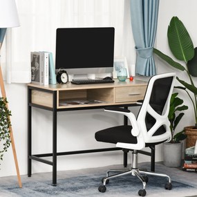 Secretária com arrumação de estilo industrial, secretária para computador com gaveta, estrutura em metal preta, tampo em madeira de carvalho claro