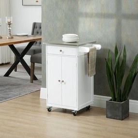 Carrinho de cozinha 60 L x 45 P x 85 A cm com rodas e vários compartimentos: 1 gaveta, armário de 2 portas com prateleira para panos de cozinha, em MD