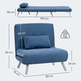 Poltrona convertível de 1 lugar, poltrona-cama clic-clac 3 em 1 com encosto ajustável, almofada, assento largo, azul