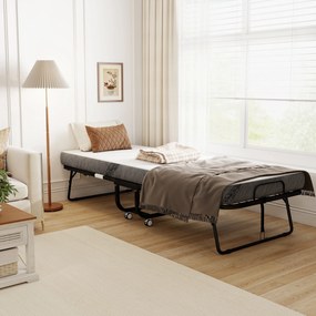 Cama dobrável individual de 200 x 80 cm com colchão, cama extra dobrável e portátil com Rodas, estrutura em aço preto, branco