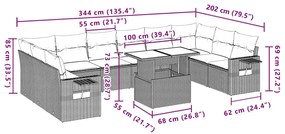 11 pcs conjunto sofás de jardim c/ almofadões vime PE cinzento