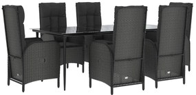 7 pcs conjunto de jantar p/ jardim c/ almofadões vime PE preto