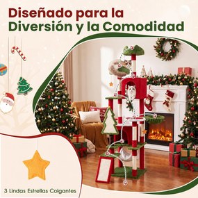 Árvore para Gatos em Forma de Árvore de Natal, 86 x 85 x 191 cm, 6 Níveis, Vermelho+Verde