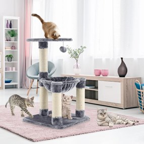 Arranhador para gatos de 64 cm com rede Postes de arranhar cobertos de sisal e bola de brincar Árvore de escalar para gatos cinzento