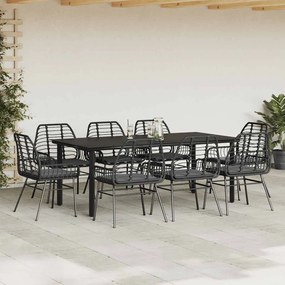 Conjunto de jantar jardim 9 peças almofadas vidro vime PE preto