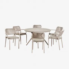 Conjunto De Mesa Redonda Ø125 Cm Valerie E 6 Cadeiras De Jardim Empilháveis Com Braços Em Alumínio Arhiza Castanho Moka - Sklum