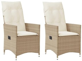 vidaXL Cadeiras de jardim reclináveis 2 pcs c/ almofadões vime PE bege