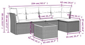 6 pcs conjunto de sofás p/ jardim com almofadões vime PE bege
