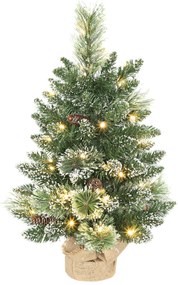 Mini Árvore de Natal Artificial com 35 Luzes LED 60 cm 64 Ramos com Neve Pinha Bagas e Base de Saco de Juta Ø41x60 cm Verde