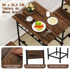 Conjunto de mesa de jantar com 2 cadeiras com prateleira aberta, estrutura metálica castanho