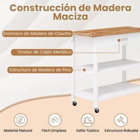 Carrinho de cozinha com bancada de madeira, gaveta, 2 prateleiras abertas, barra para pendurar e rodas com travão, natural e branco