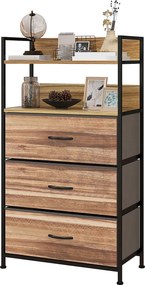 Móvel de arrumação de estilo industrial, com 3 gavetas tecido e 2 prateleiras - 60 x 29 x 101 cm - MDF e metal natural, preto