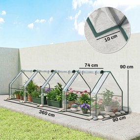 Mini-estufa de jardim em túnel 360 x 90 x 90 cm com 4 janelas com fecho de correr, aço, PE 140 g/m², proteção anti-UV, transparente