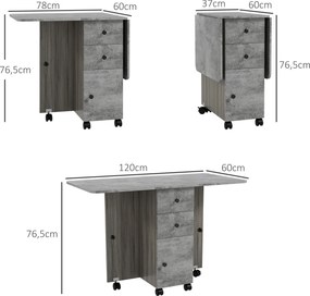 Mesa de Refeição Dobrável com Rodas 120x60x76,5 cm com 2 Gavetas e Armário Mesa Auxiliar Multifuncional Cinza