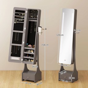 Espelho para Joias com Luzes LED Armário para Joias com Espelho de Corpo Inteiro Ajustável Gaveta Luzes com Desligar Automático Cinzento