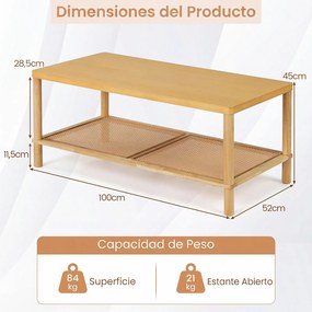Mesa de Centro retangular, 100 x 52 x 45 cm, Dois Níveis de Arrumação, Natural