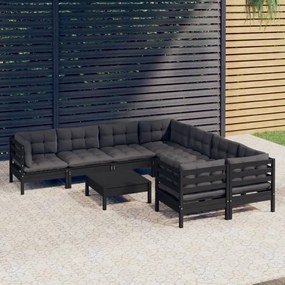 vidaXL 9 pcs conjunto lounge de jardim c/ almofadões pinho preto