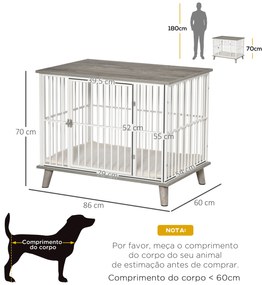 Gaiola para Cães de Madeira 86x60x70cm Gaiola para Cães com Bancada de Armazenamento Porta com Trave Pés Elevados Grade de Aço Branca